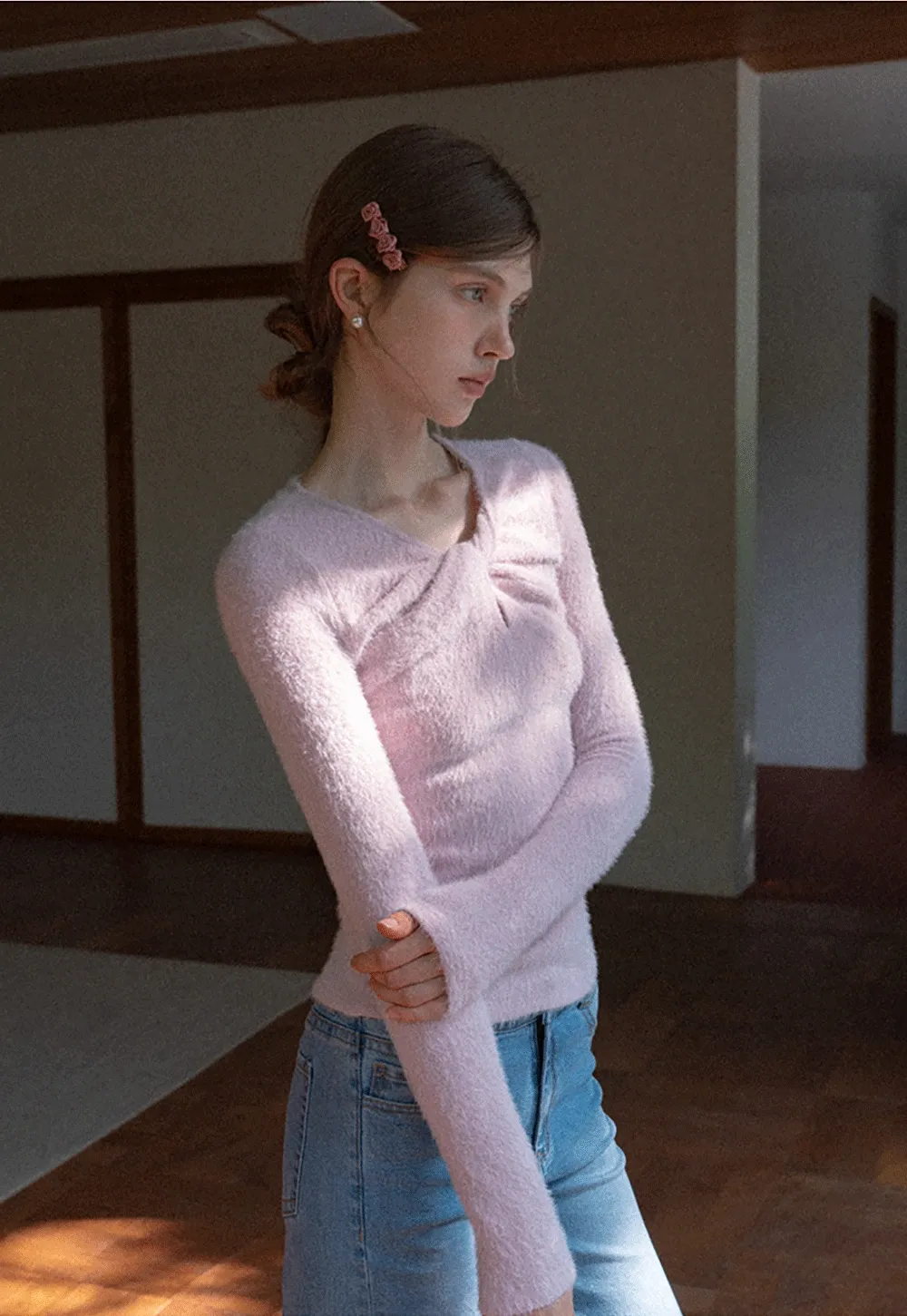 Women Soft Fluffy Knit Top Twist Front Long Sleeve