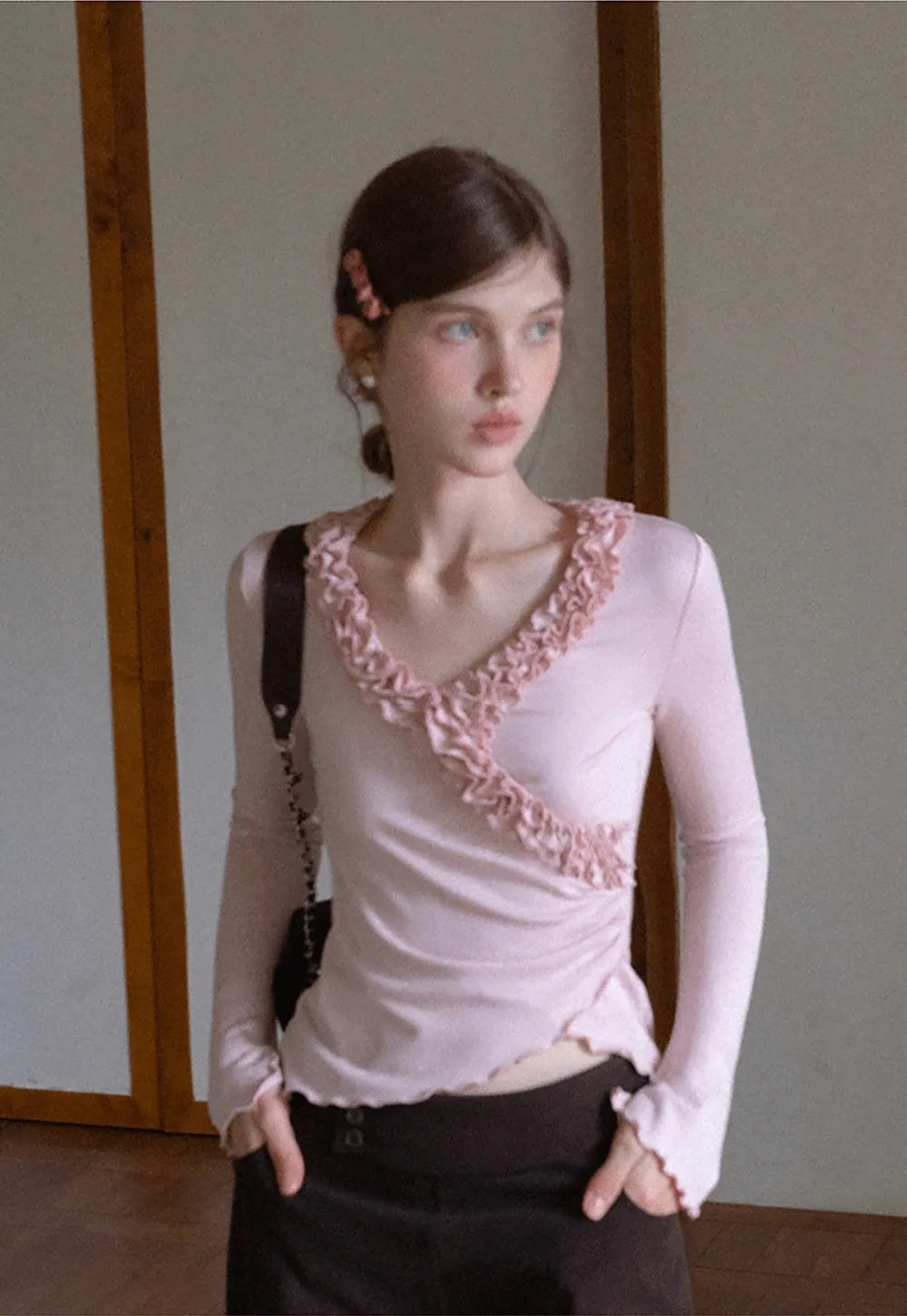 Ruffled V Neck Slim Fit Long Sleeve Tee