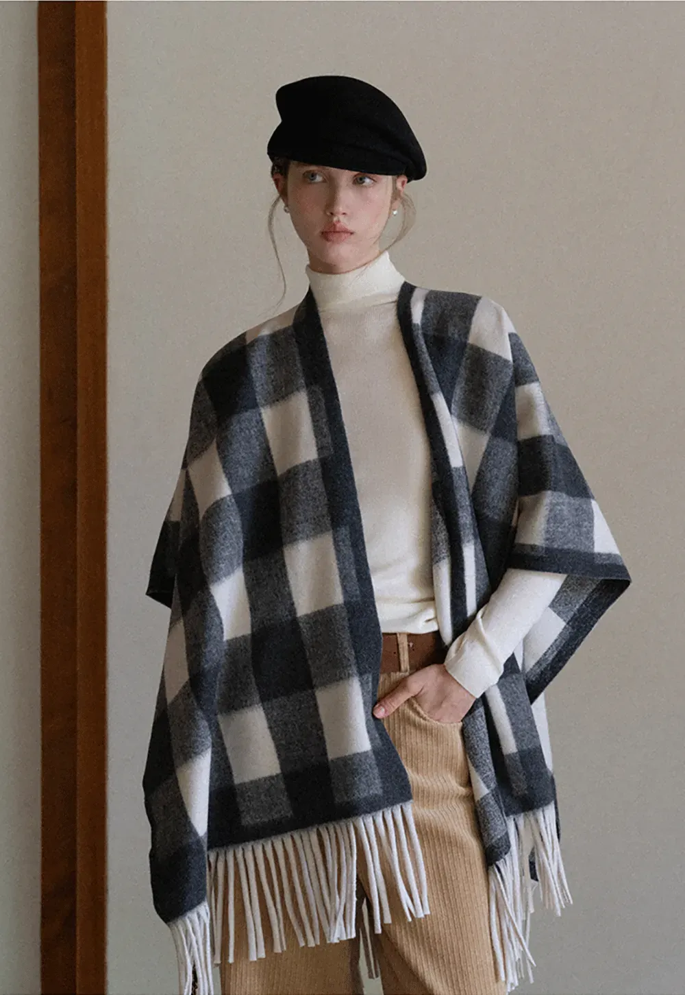 Checked Fringe Poncho