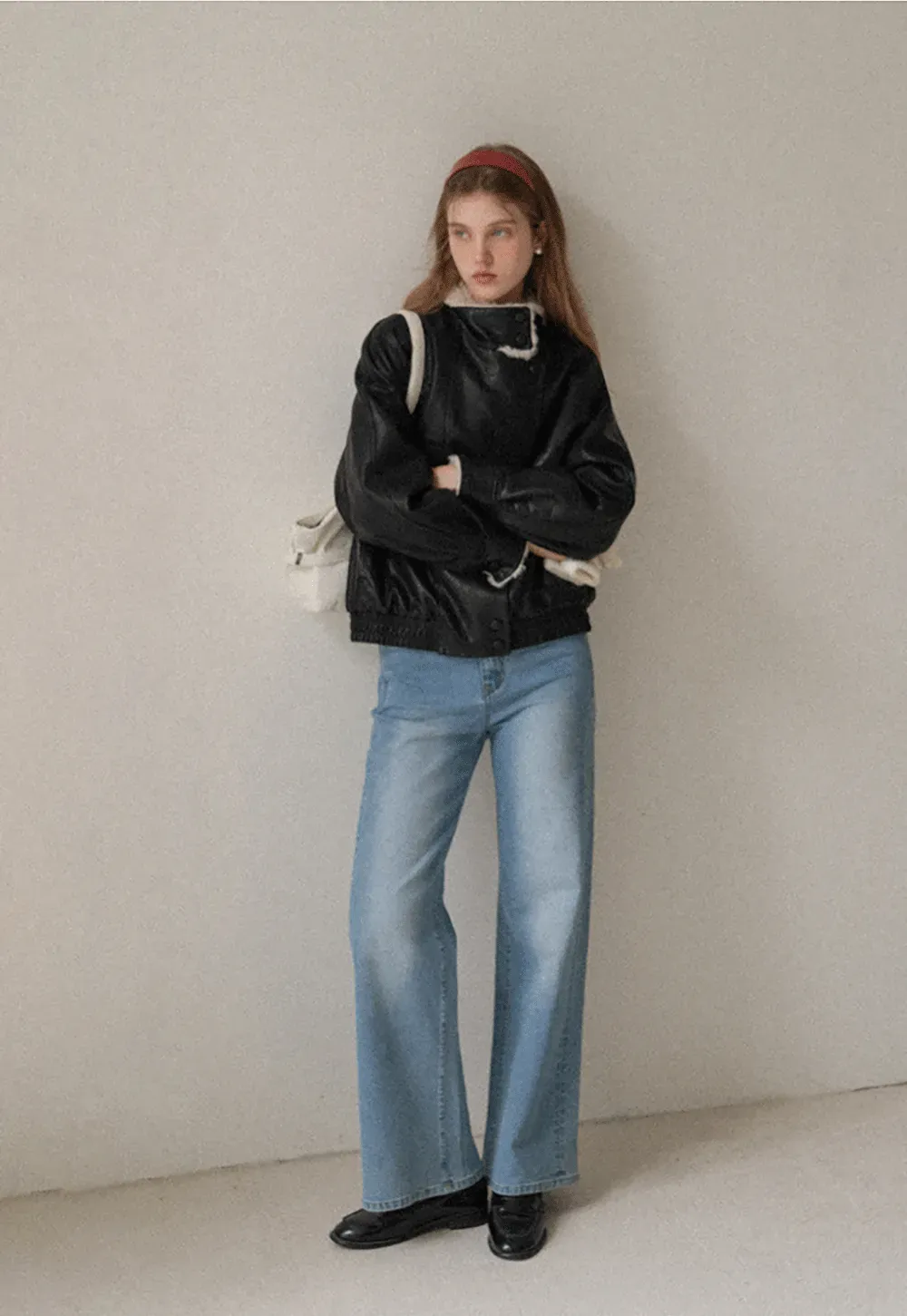 Faux Leather Jacket with Shearling Collar