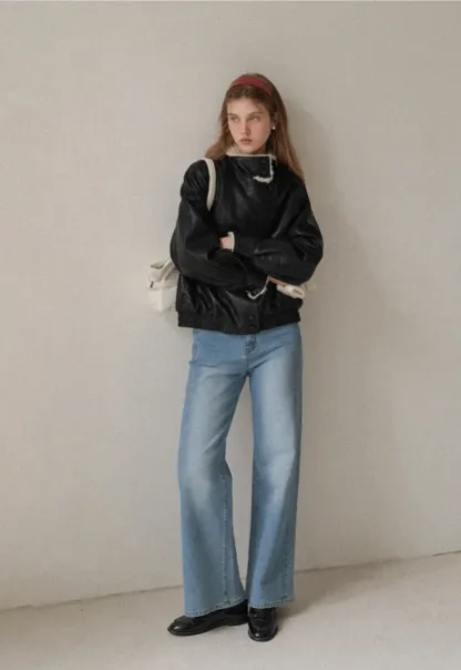 Faux Leather Jacket with Shearling Collar