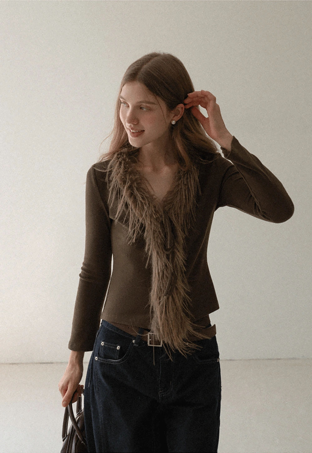 Women Faux Fur Collar Long Sleeve Knit Top