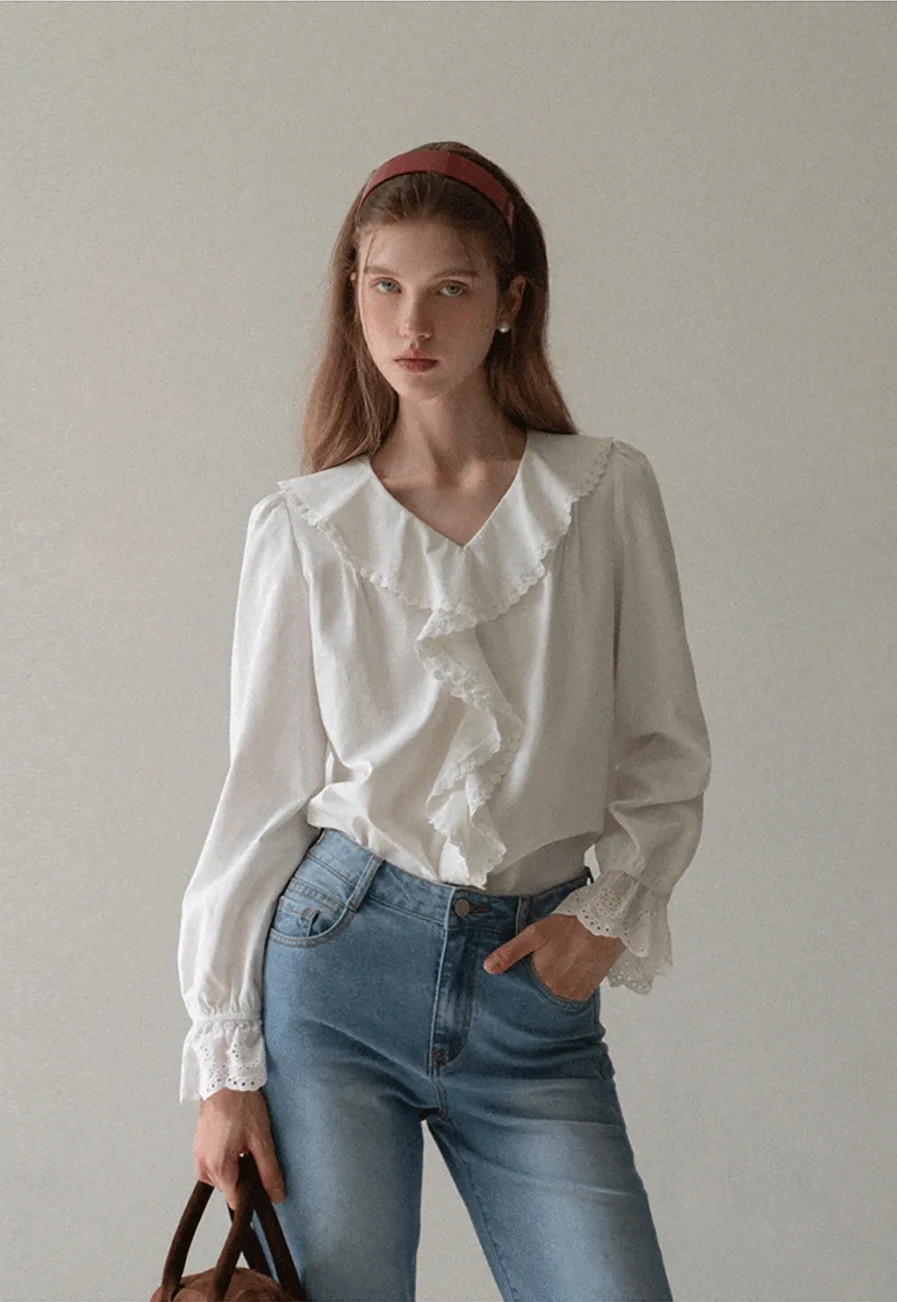 Women Ruffle Lace V Neck Long Sleeve Blouse