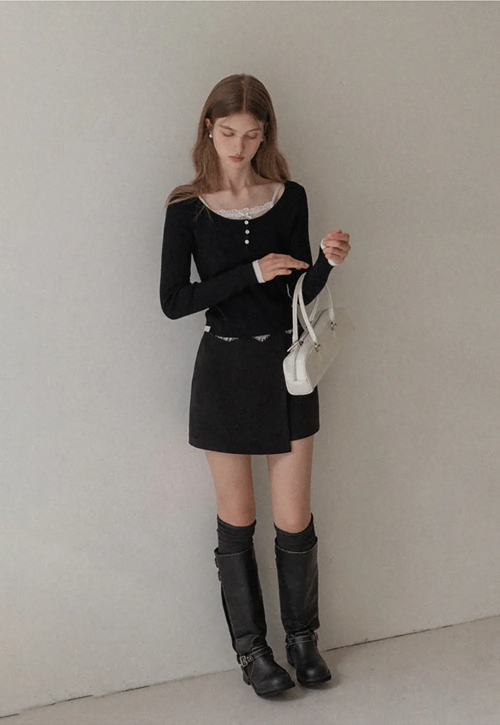 Women Lace Trim Knit Top Long Sleeve Elegant Style