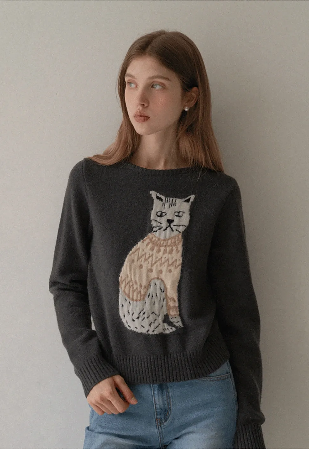 Women Cat Pattern Knit Sweater Cute Pullover Top