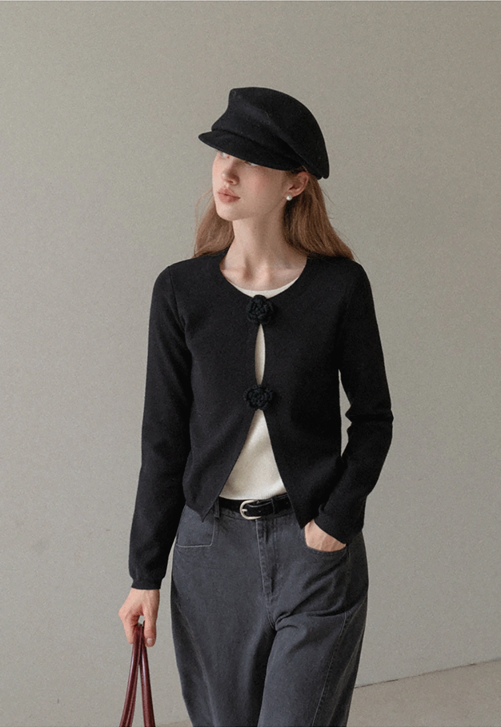 Women Knit Cardigan with Flower Button Vintage Style