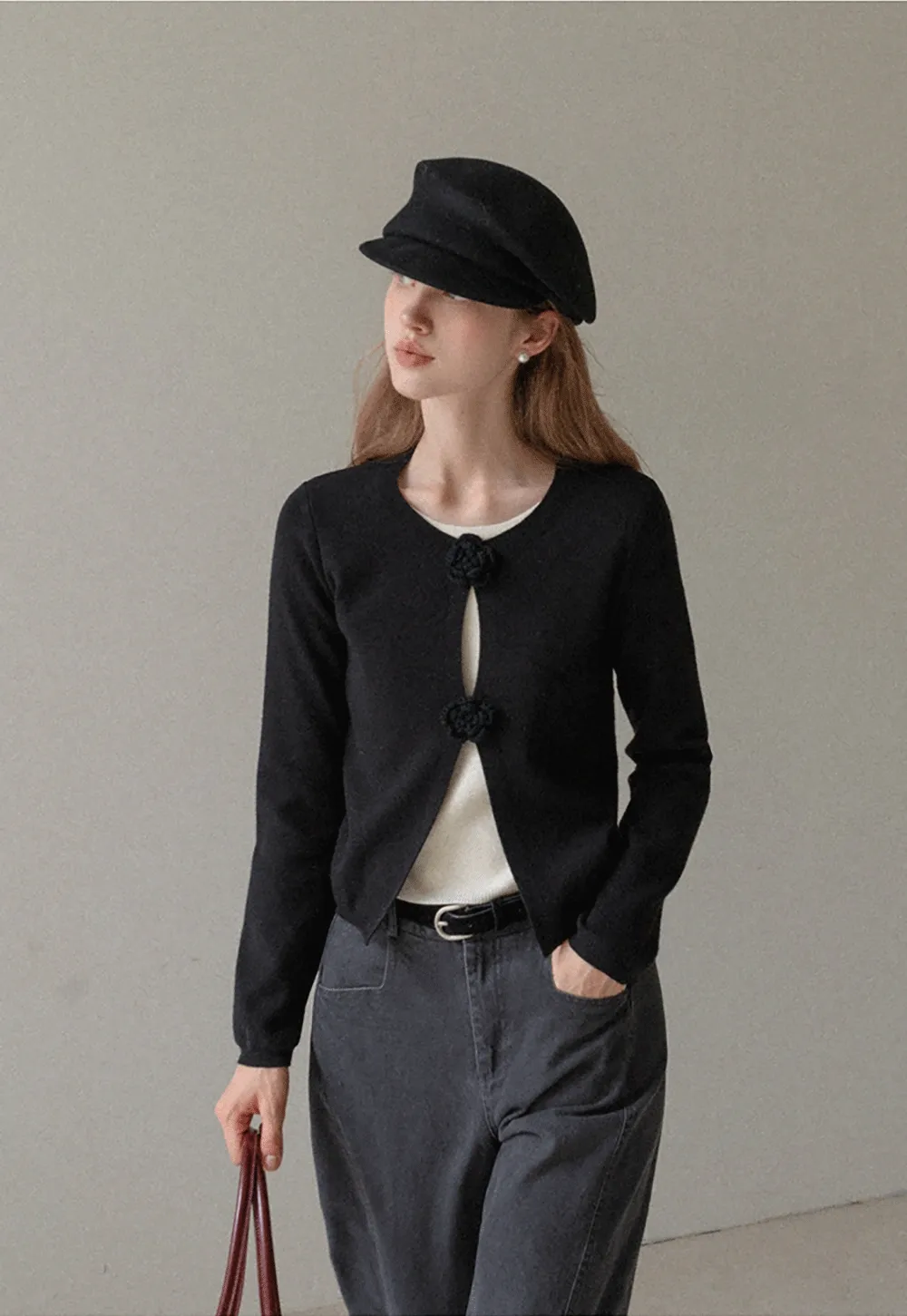 Women Knit Cardigan with Flower Button Vintage Style