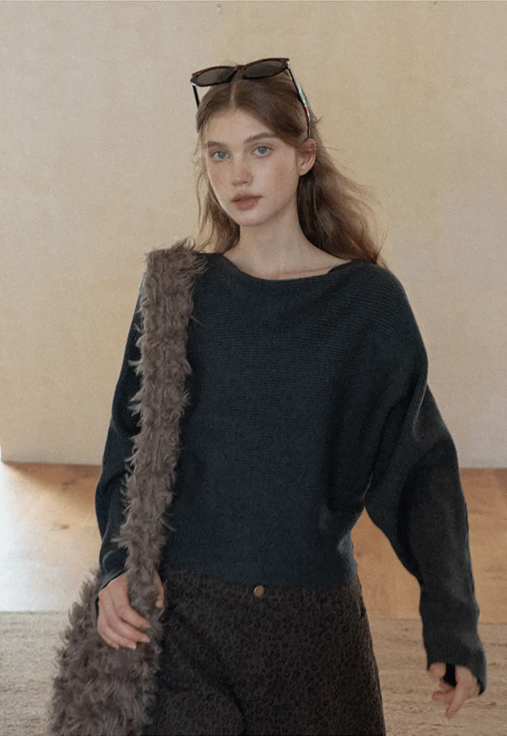 Ribbed Boat Neck Knit Sweater