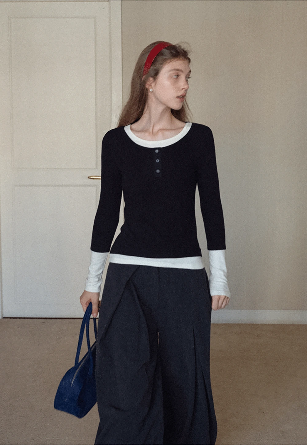 Womens Colorblock Long Sleeve Henley Top