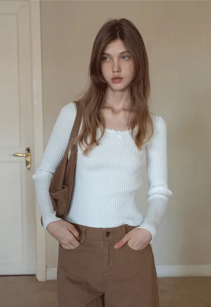 Womens Ribbed Long Sleeve Top with Bow Detail
