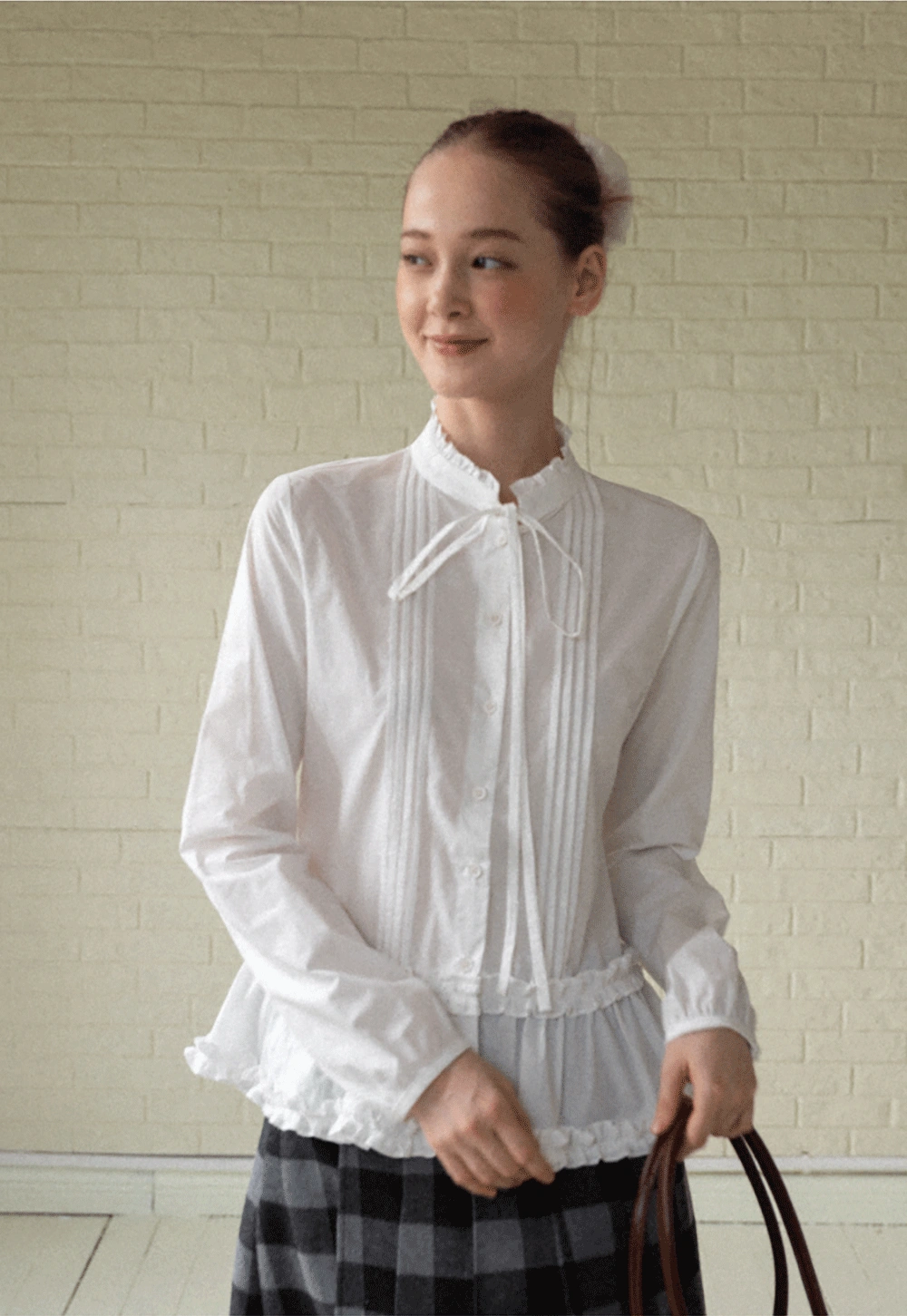 Lace Trim Ruffled Blouse with Tie Neck