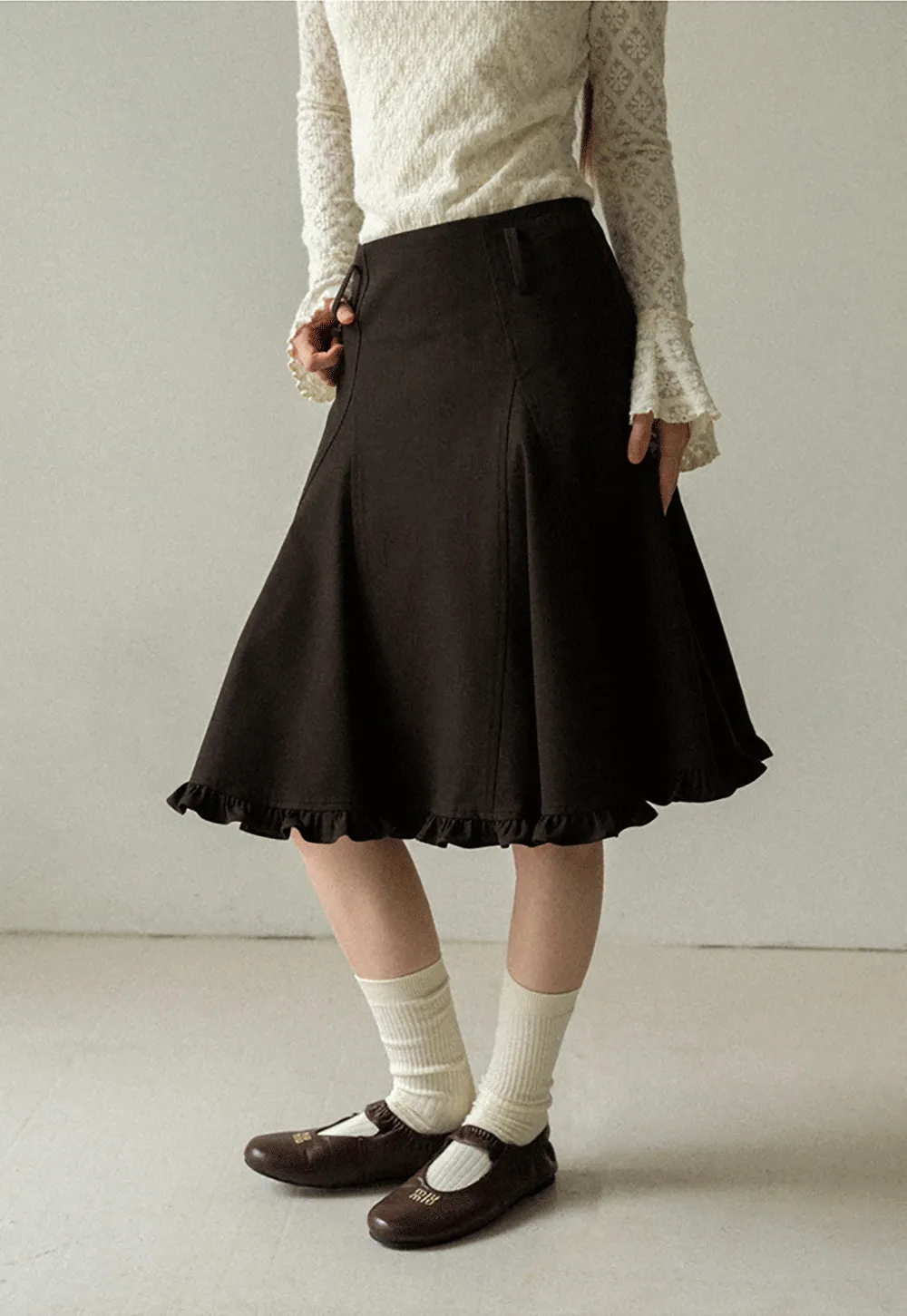 A-Line Brown Skirt with Ruffled Bottom for Women