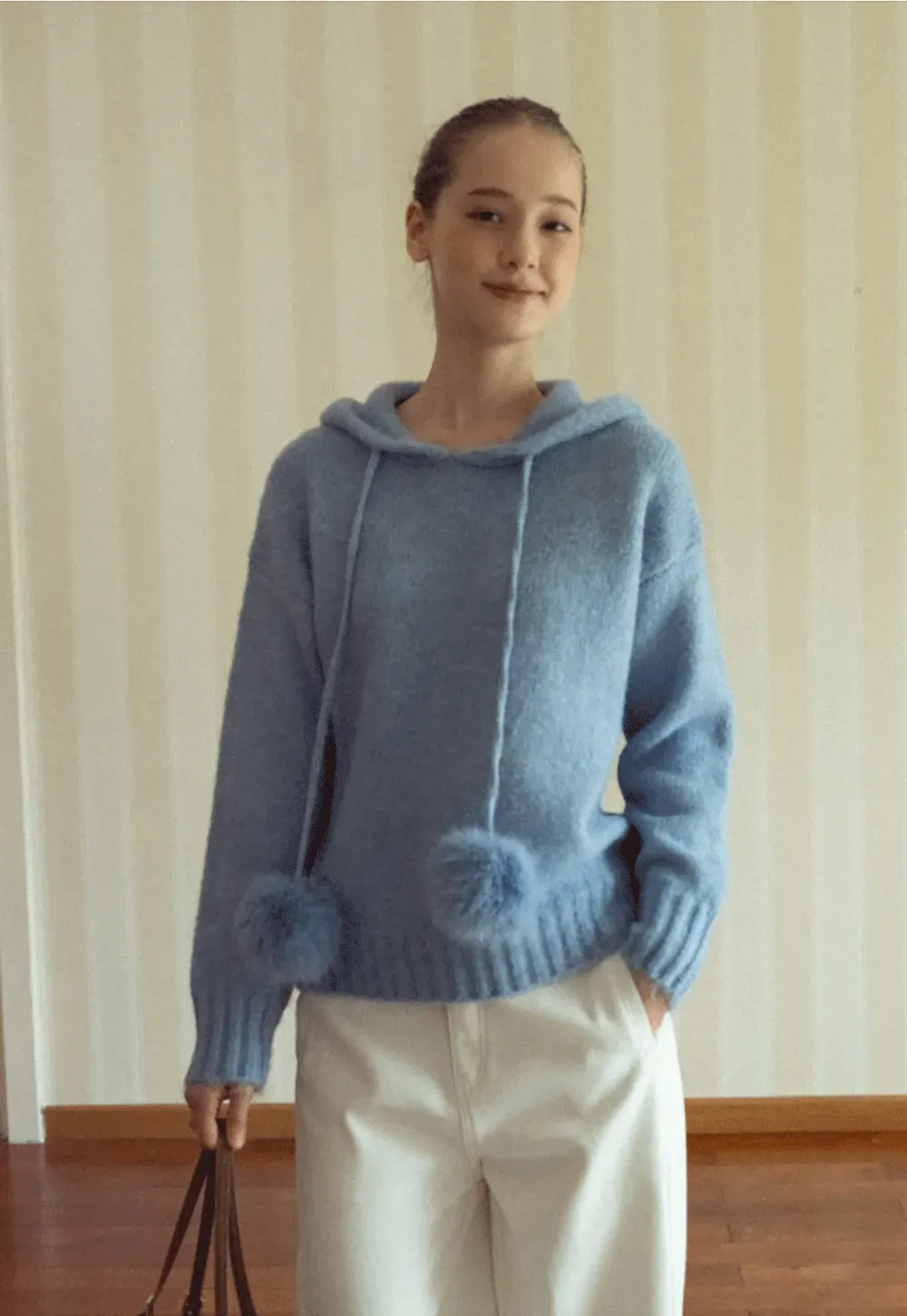 Pom-Pom Hooded Knit Sweater