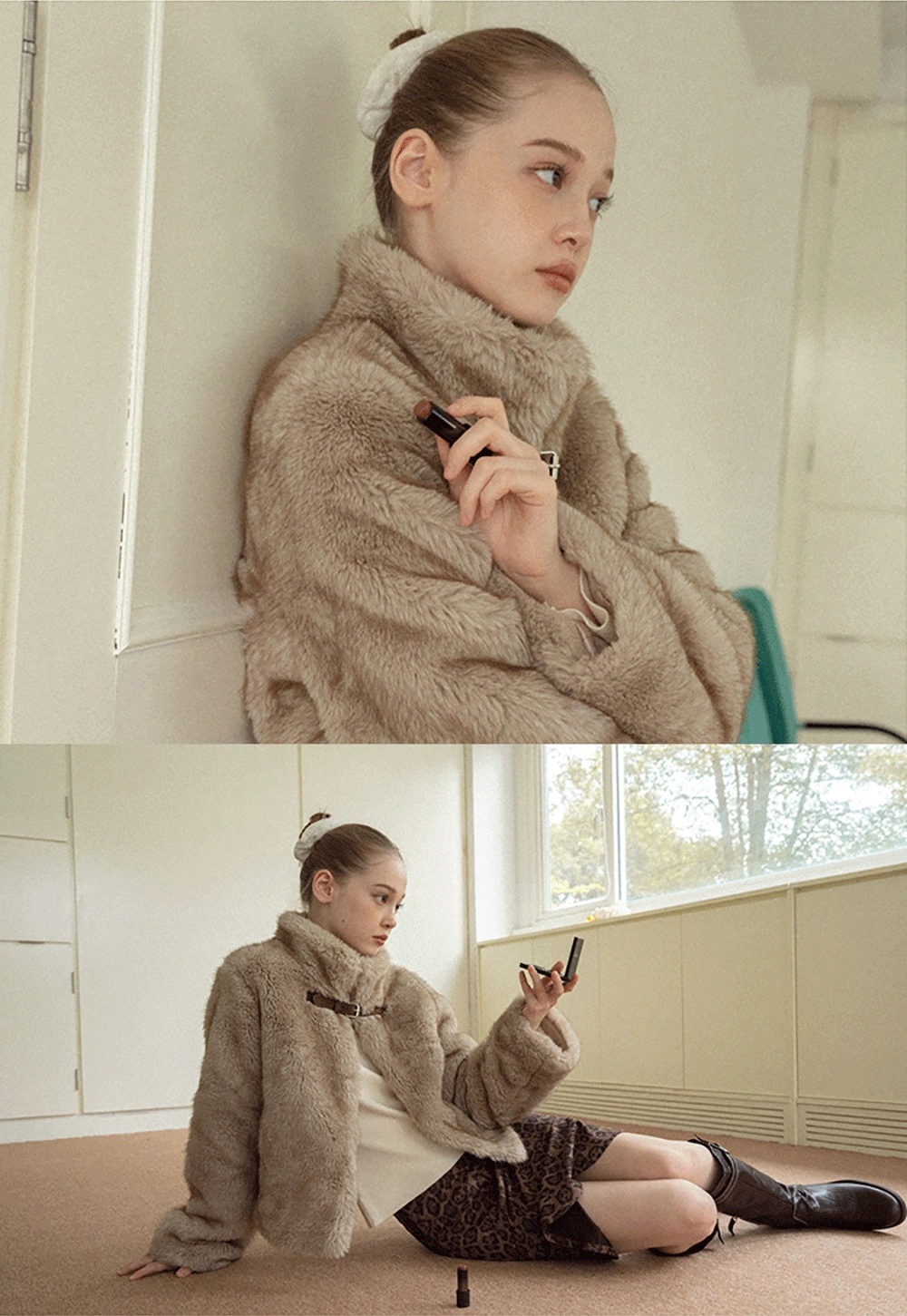 Women Faux Fur Cropped Jacket with Buckle Closure