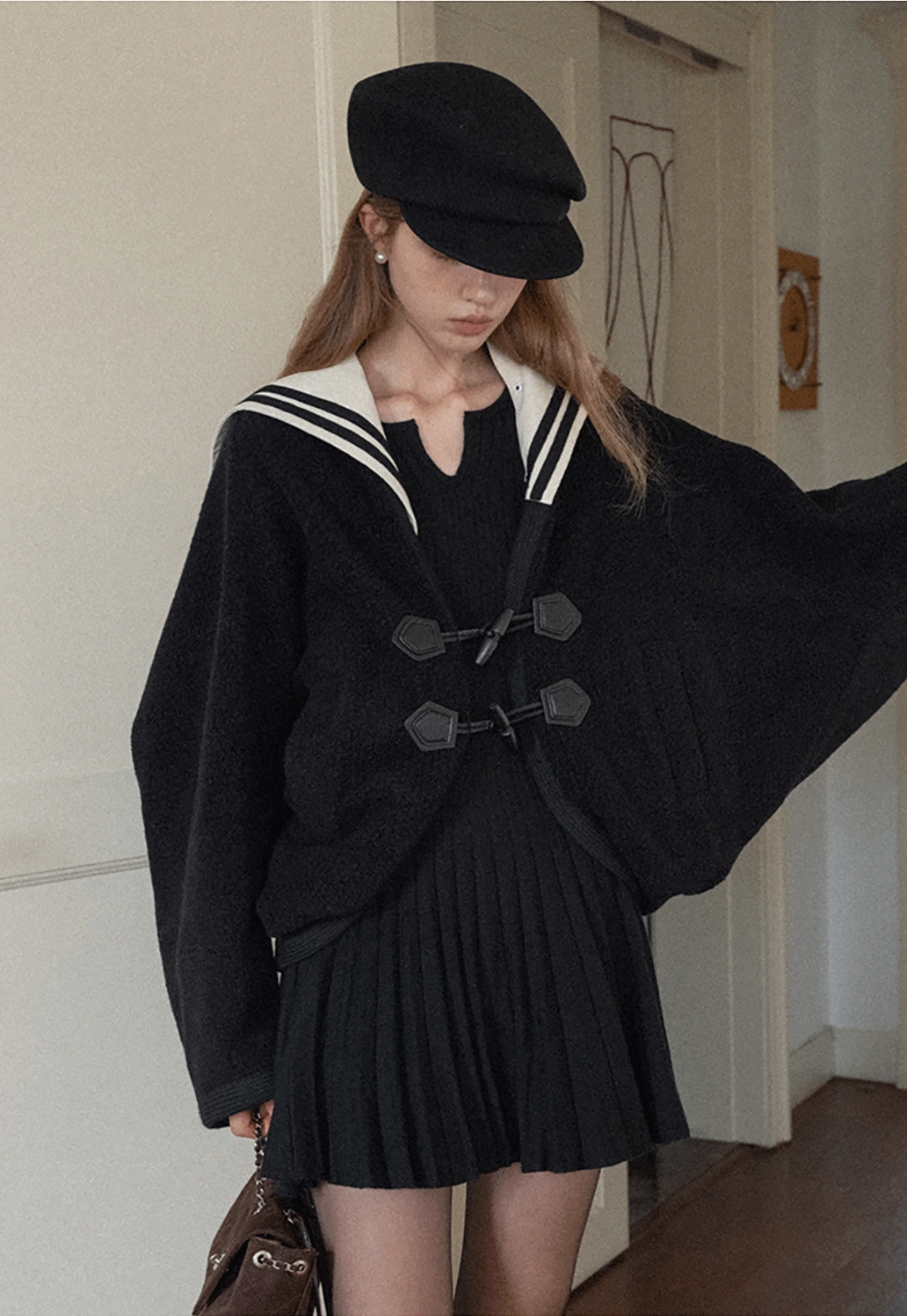 Stylish Black Woolen Coat with Sailor Collar