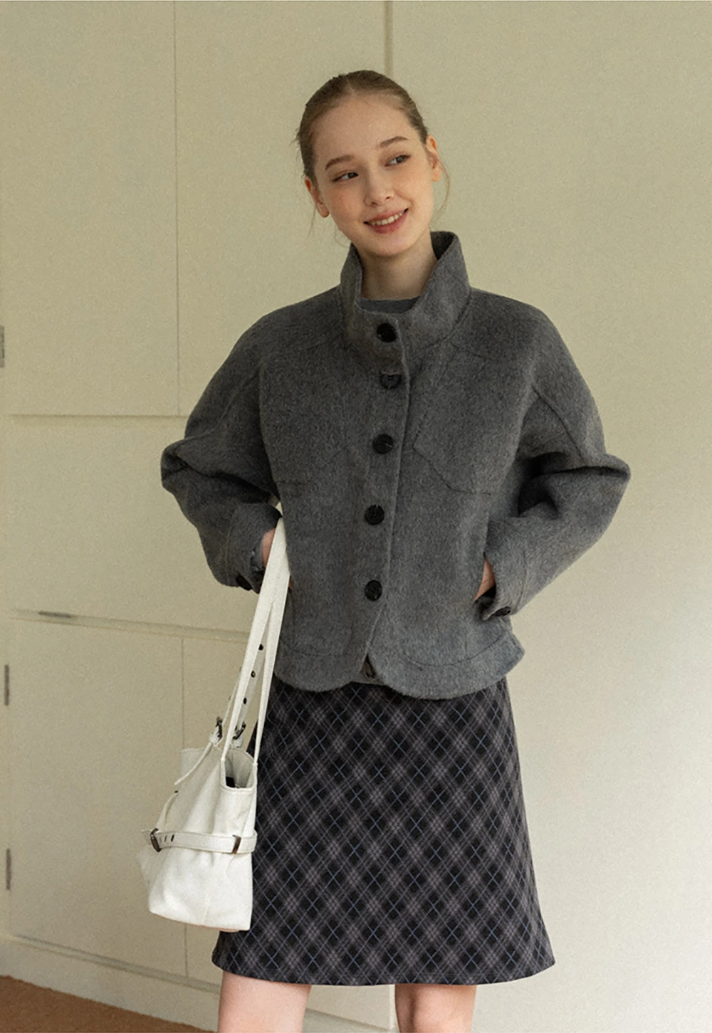 Stand Collar A-line Waist Cinching Cropped Double-Faced Coat