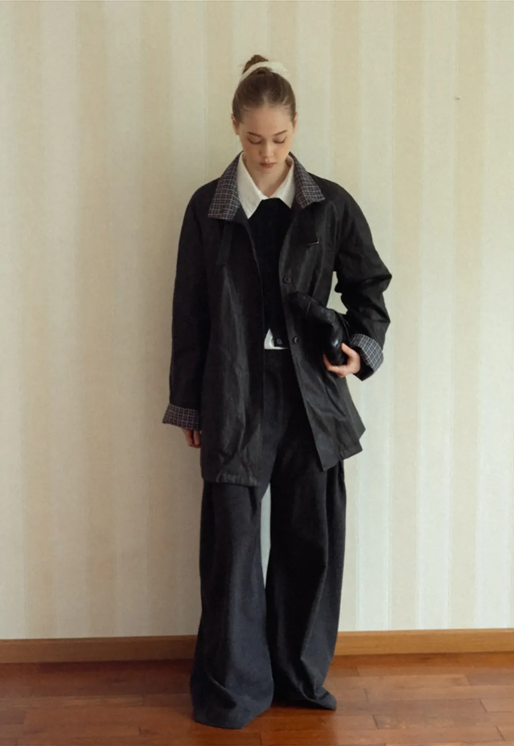 Stand Collar Mid-Length Coat with Plaid Splice and Belt