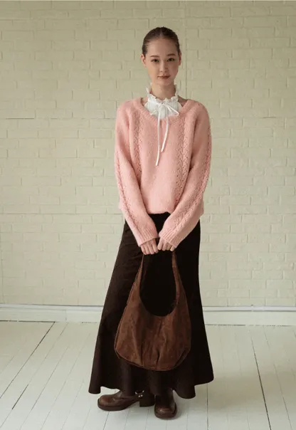 Women Soft Pink V-Neck Knit Sweater