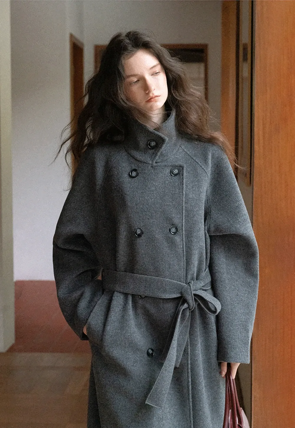 Women Classic Wool Coat with Button Details and Waist Belt