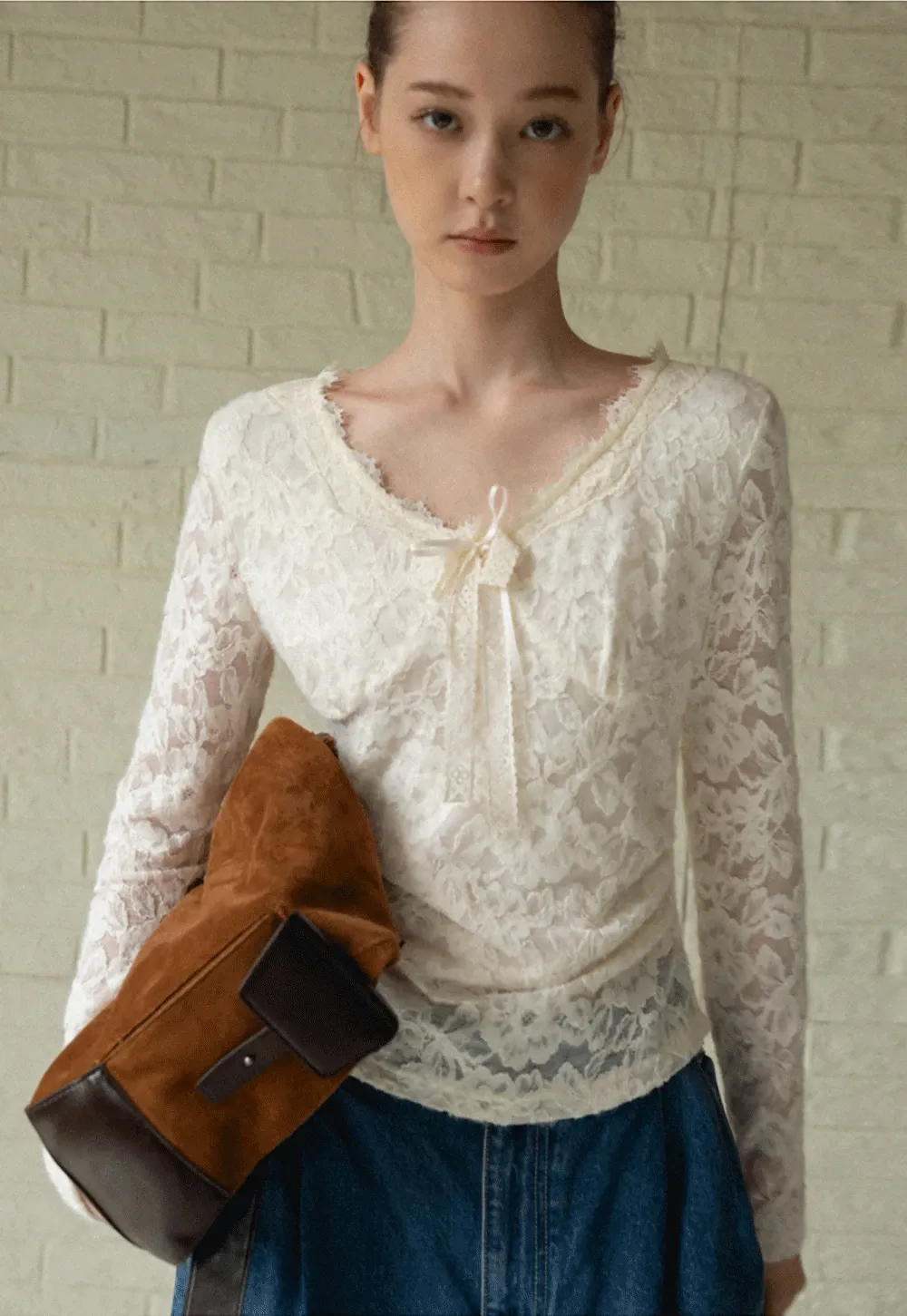V-Neck Lace Jacquard Bow Top