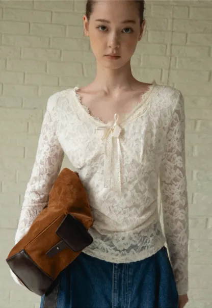 V-Neck Lace Jacquard Bow Top
