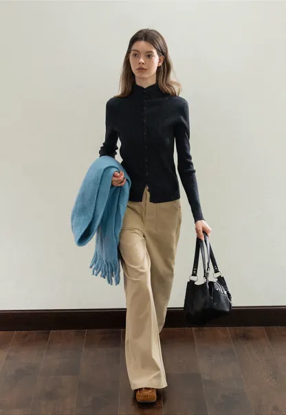 Stand-Collar Twist Button Knit Top