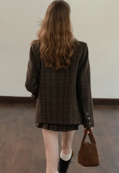 Women Classic Plaid Blazer Jacket for Office Wear