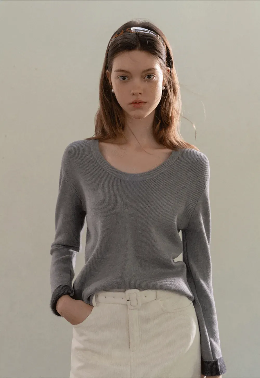 Ribbed Scoop Neck Long-Sleeve Top