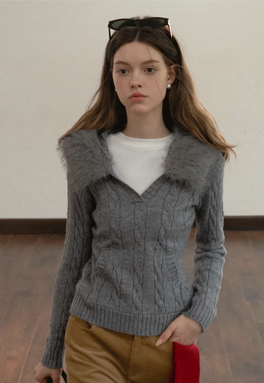 Faux Fur Collar Cable-Knit Sweater