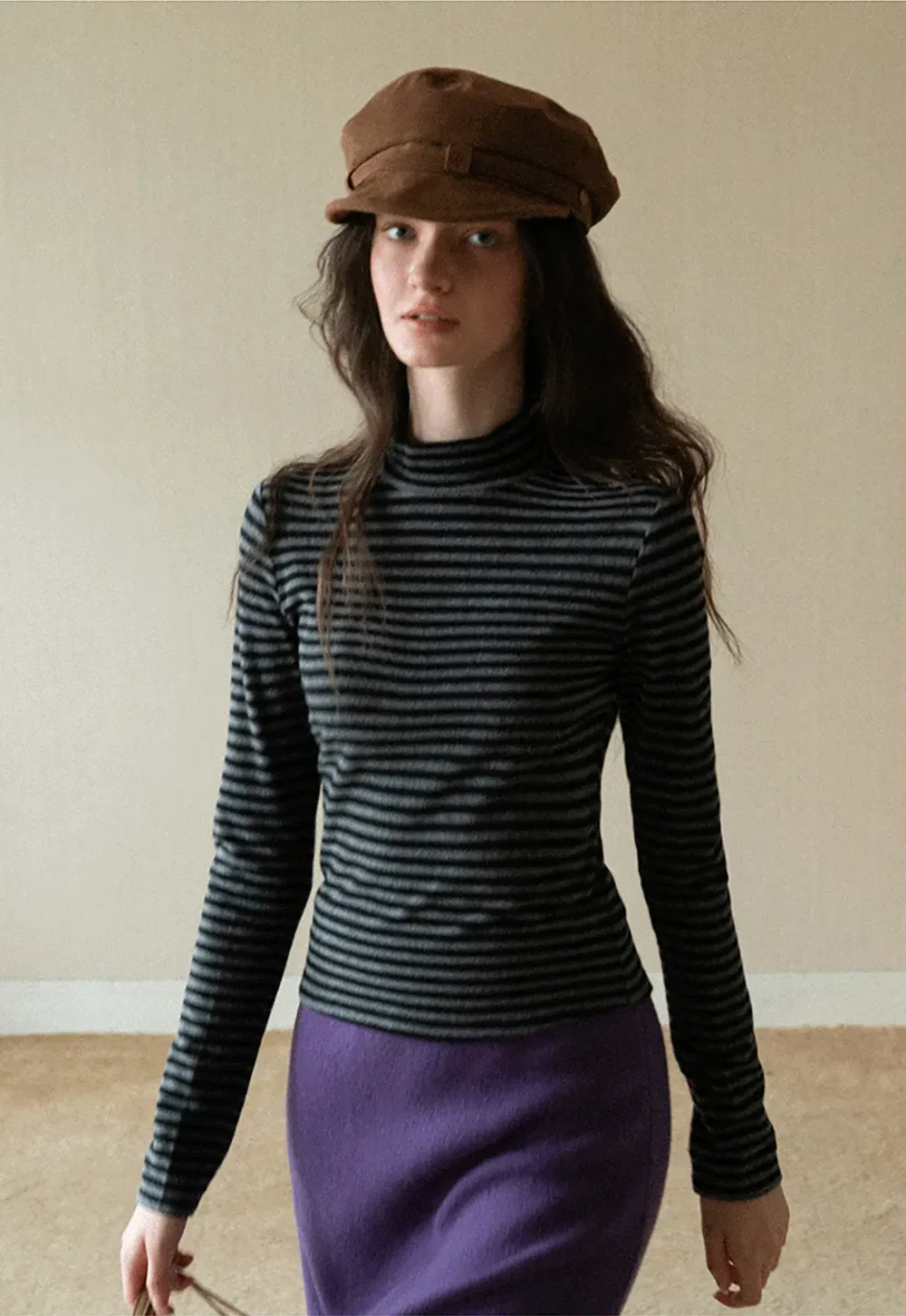 Striped Mock Neck Slim Long Sleeve Tee