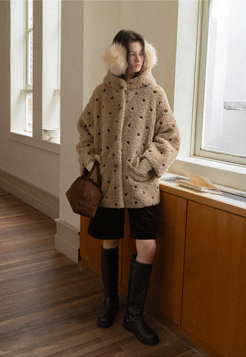 Polka Dot Teddy Fleece Hooded Coat