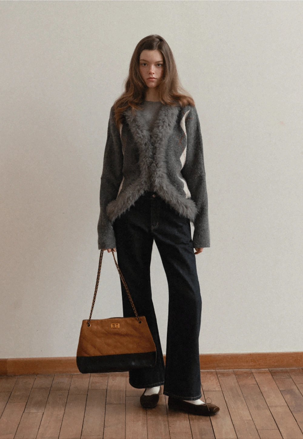 Patterned Sweater Cardigan with Fur Trim