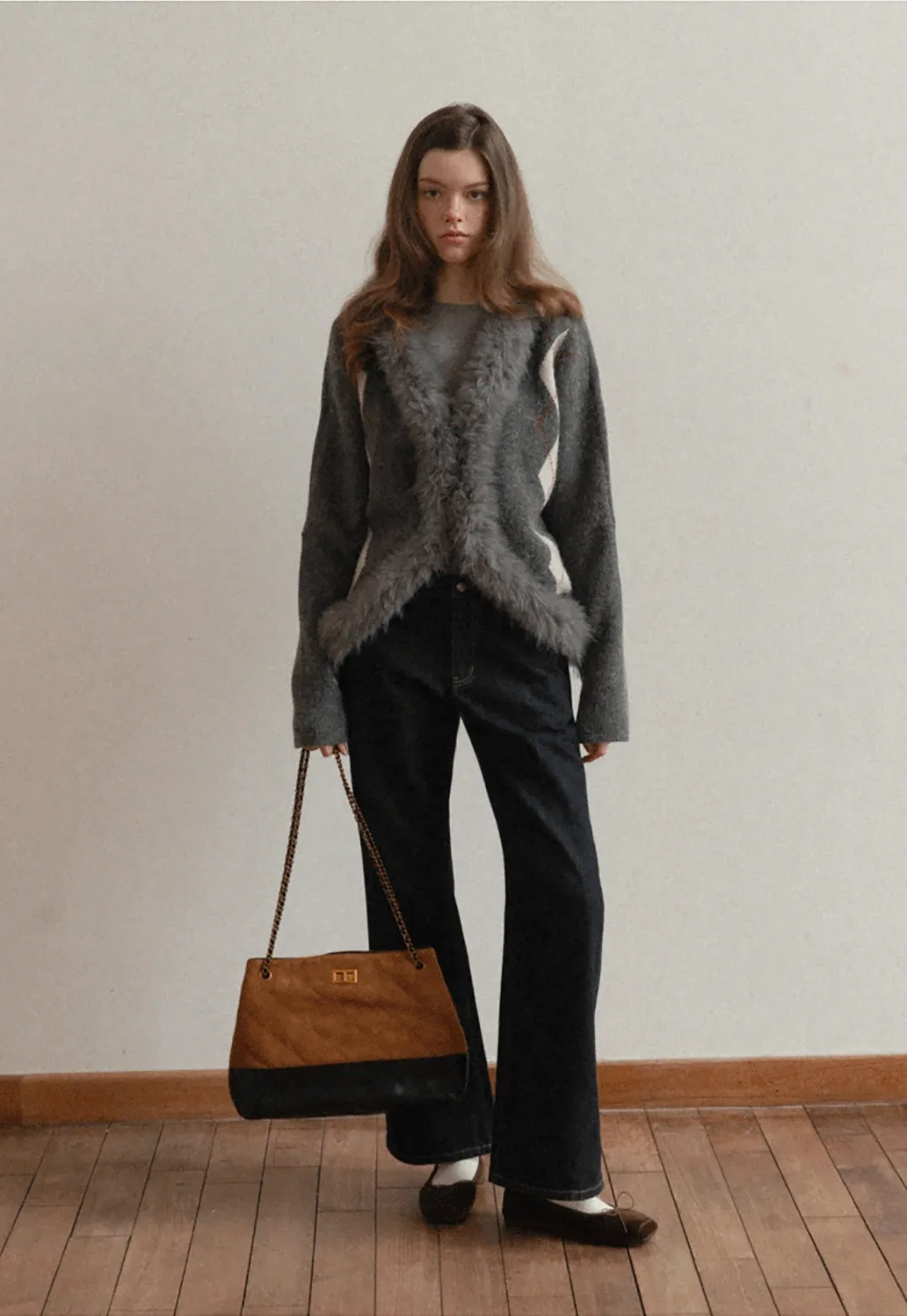 Patterned Sweater Cardigan with Fur Trim