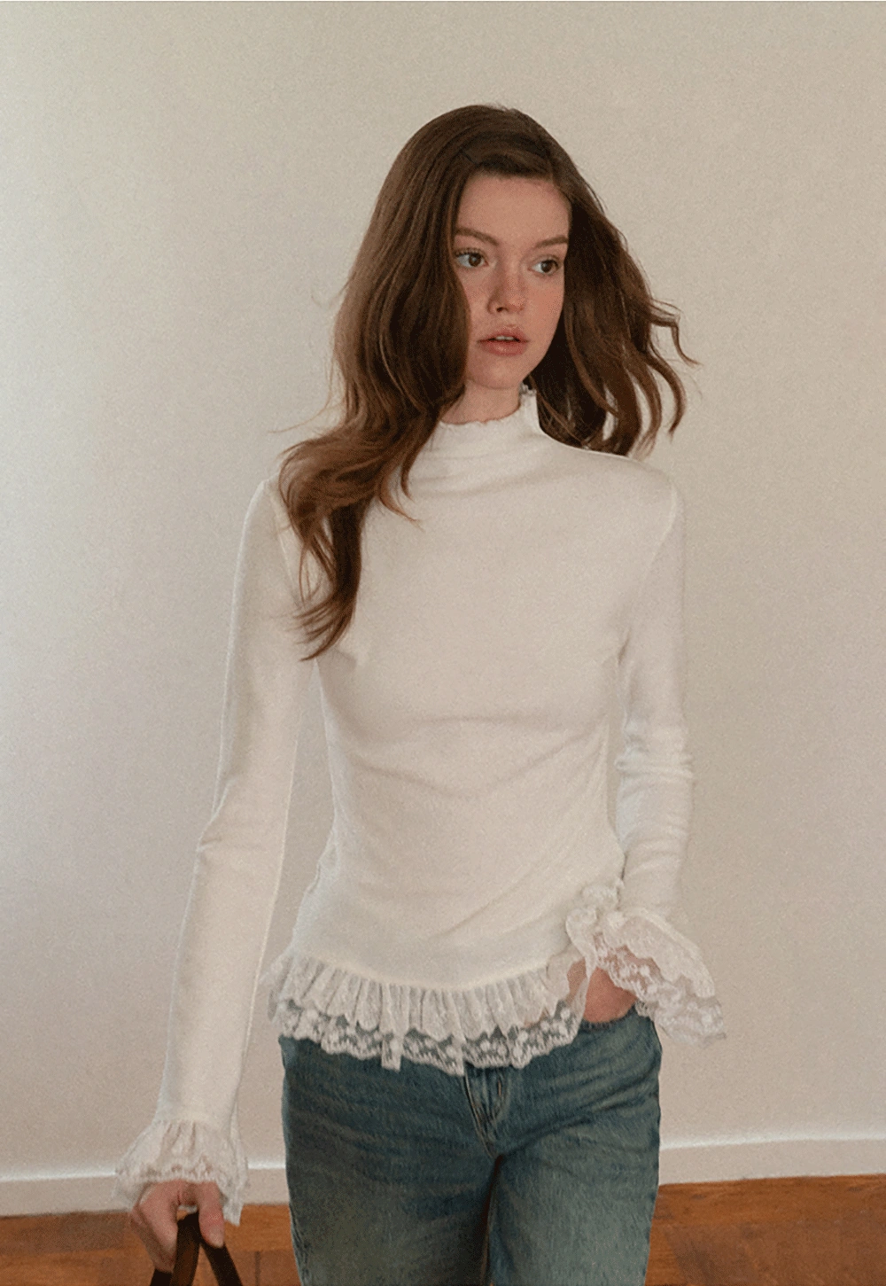 Women White Lace Trim Mock Neck Long Sleeve Top
