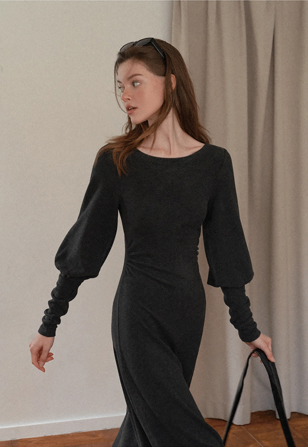 Women Long Sleeve Maxi Dress in Dark Gray