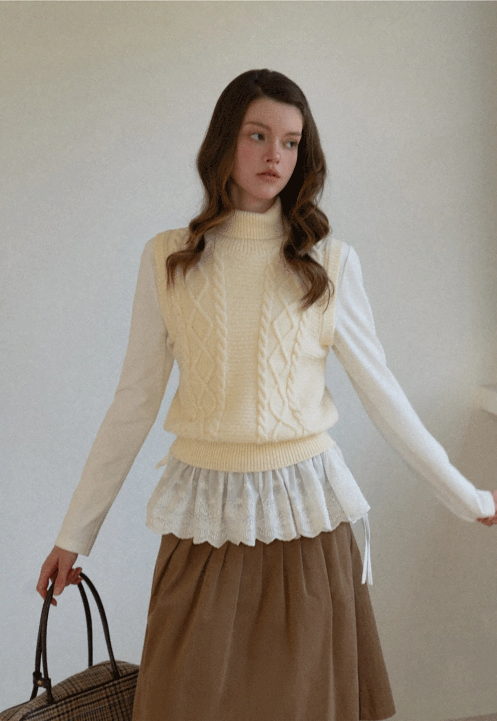 Cable Knit Sleeveless Turtleneck Sweater