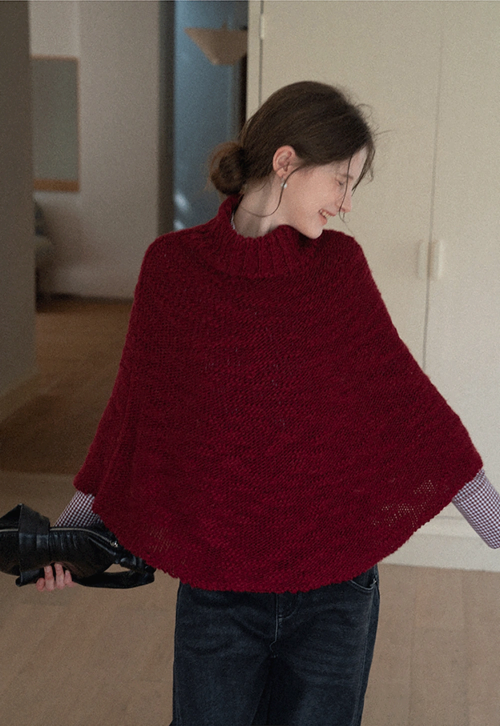 Soft Red Knitted Poncho with Turtleneck