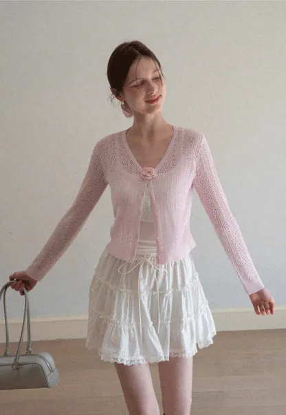 V Neck Cropped Knit Cardigan with Floral Button