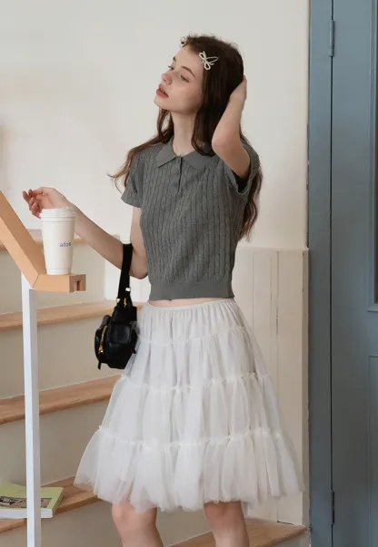 Women's Grey Ribbed Polo Shirt with Short Sleeves