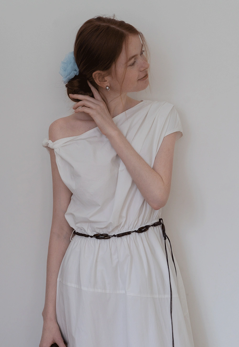 One-Shoulder Draped Midi Dress with Cinched Waist