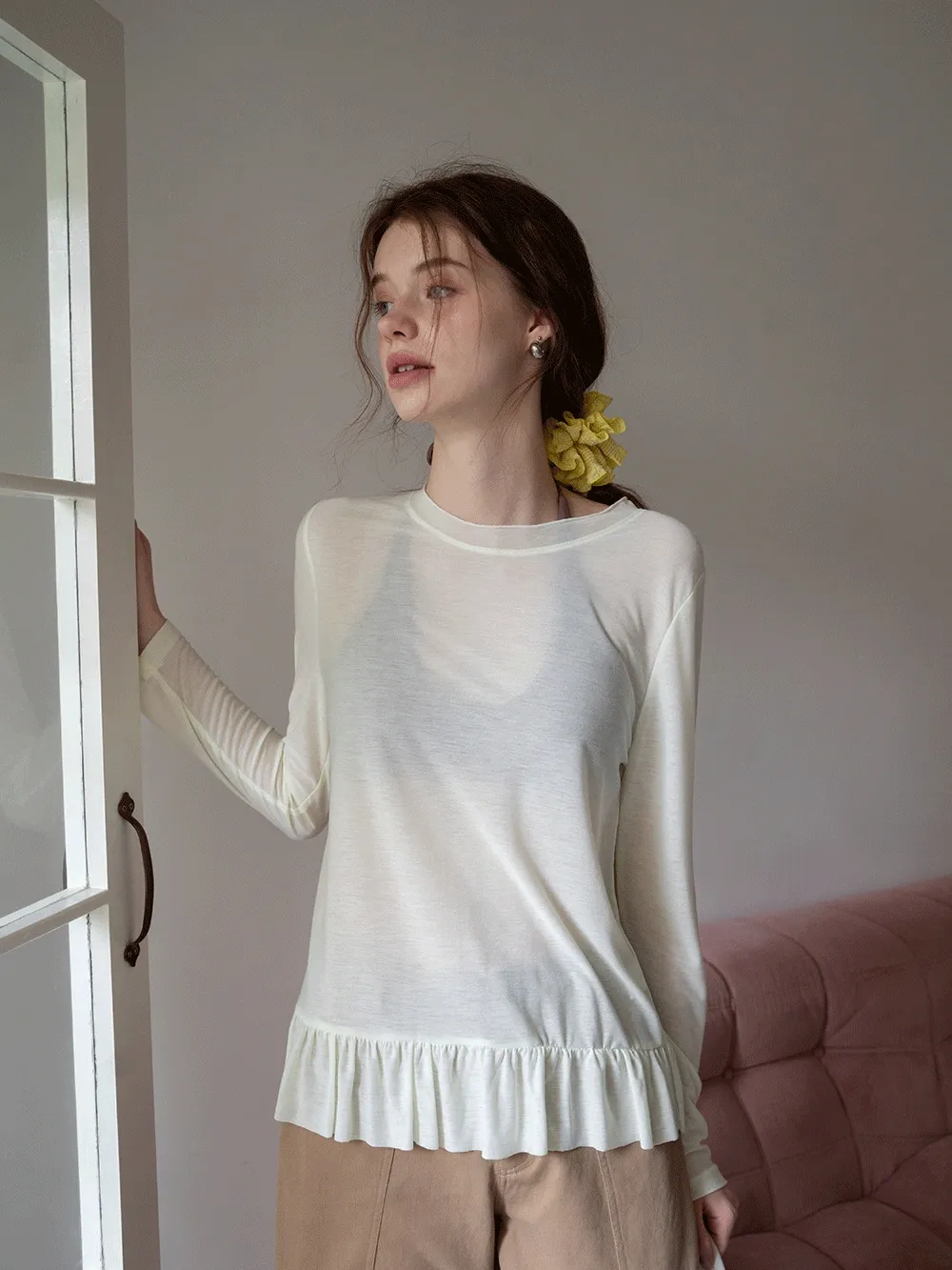Long-Sleeve Peplum Hem T-Shirt