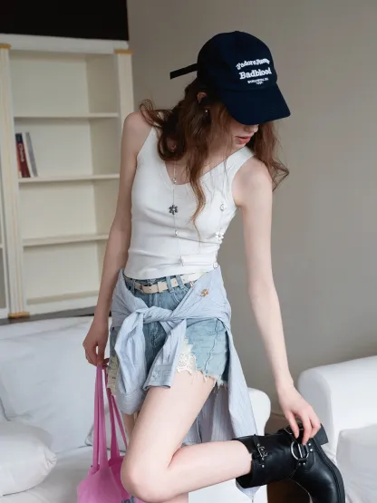 Women’s High‑Waist Ripped Lace Denim Shorts