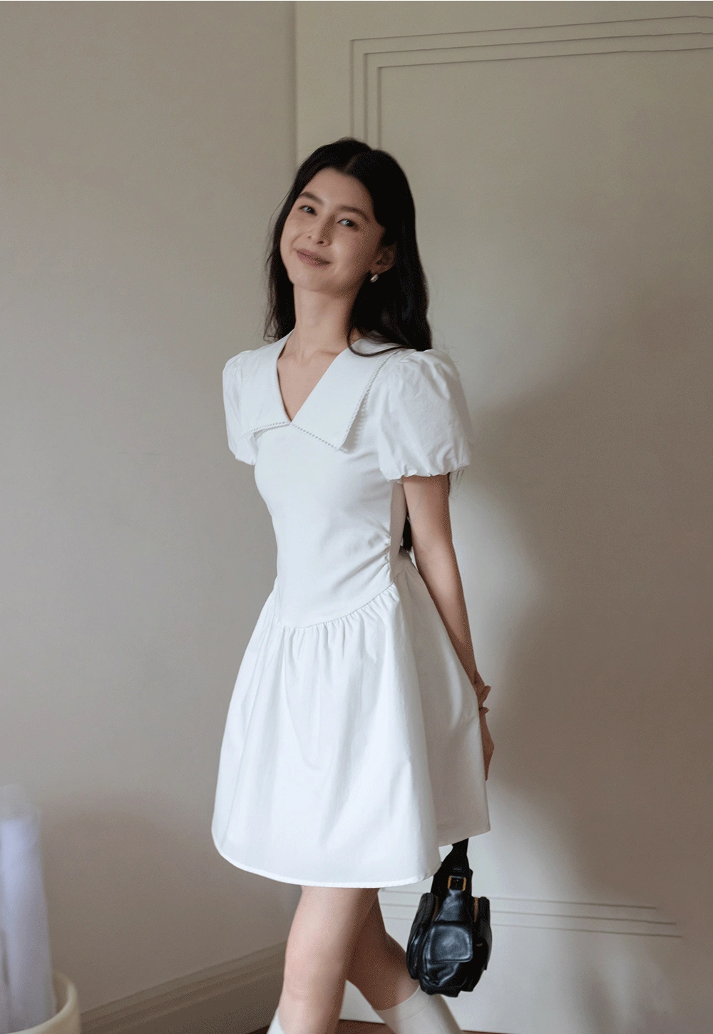 French V-Neck Puff Sleeve White Dress