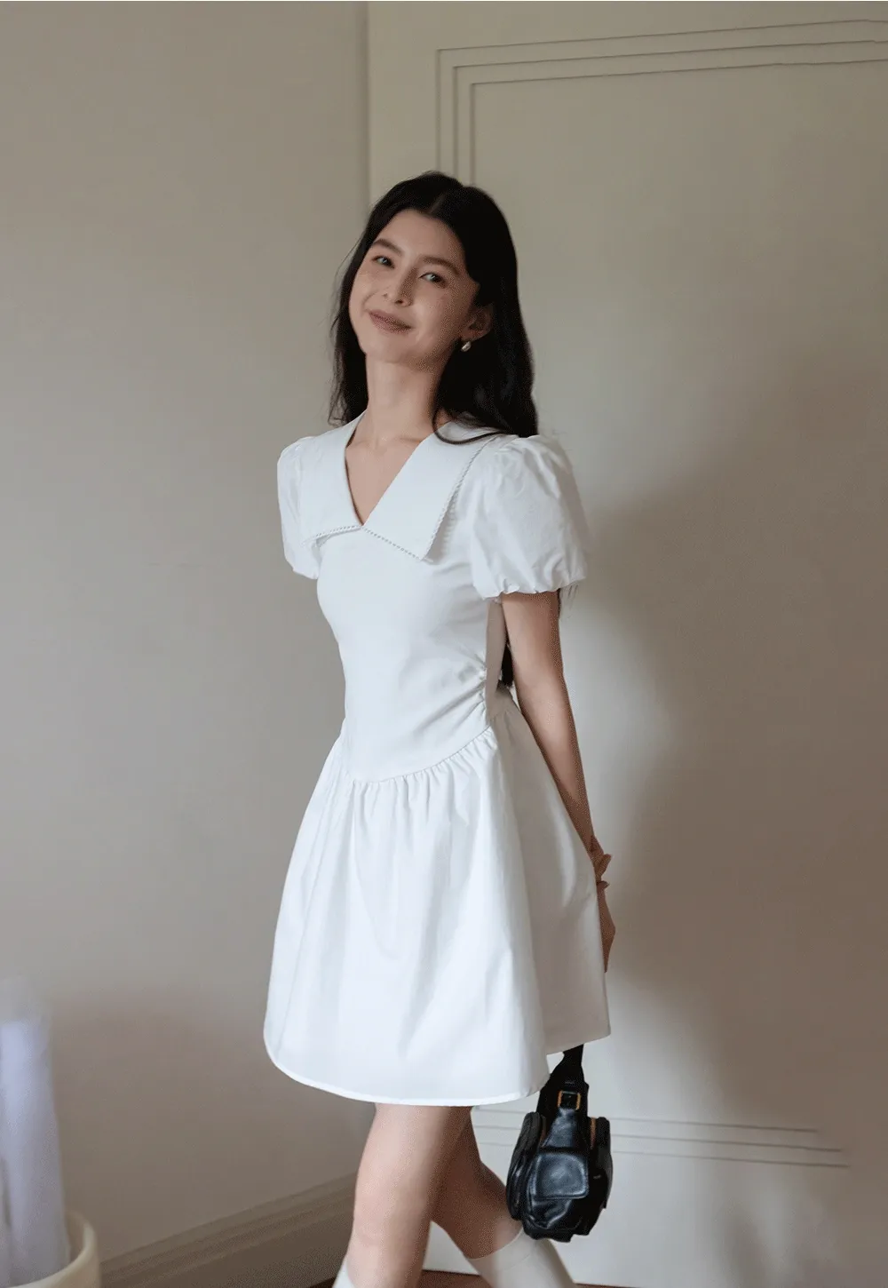 French V-Neck Puff Sleeve White Dress