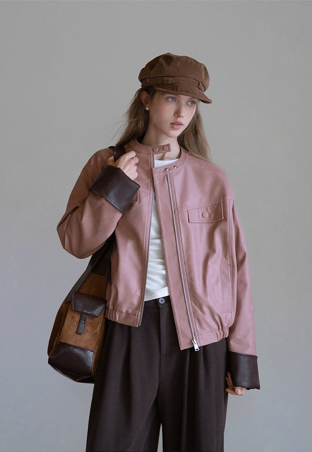 Womens Faux Leather Jacket with Zipper Front and Contrast Cuffs