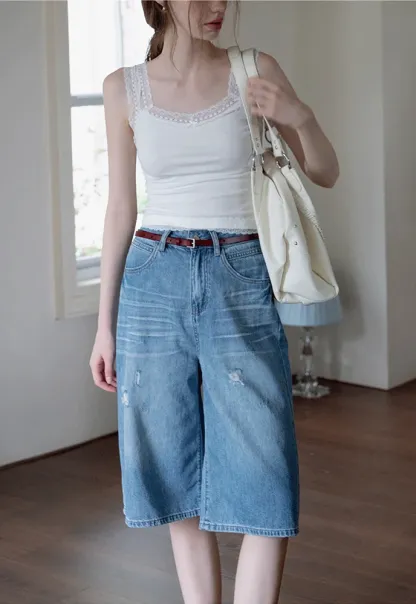 Women’s Distressed Wide-Leg Denim Bermuda Shorts