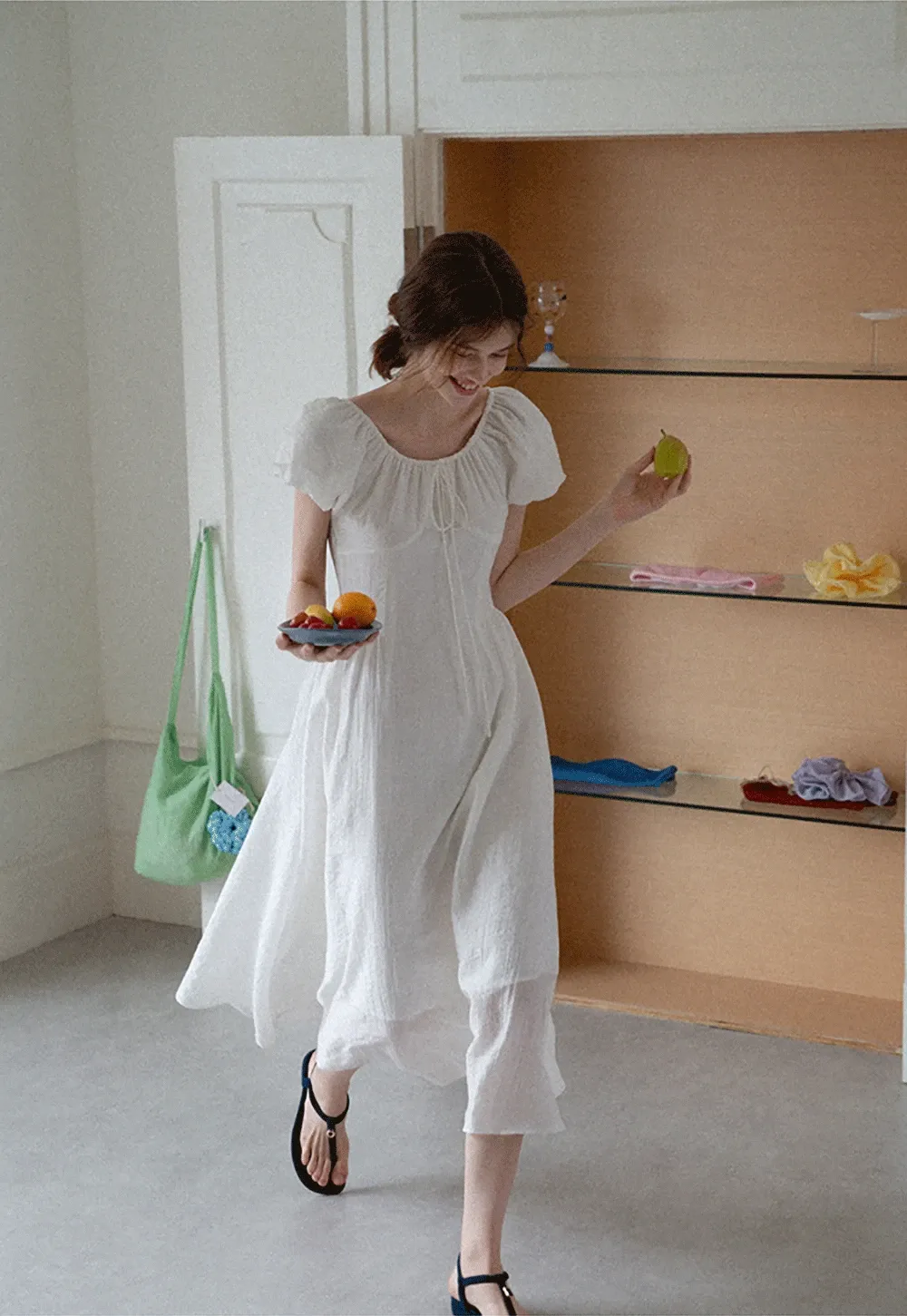 White Puff Sleeve Cottagecore Midi Dress