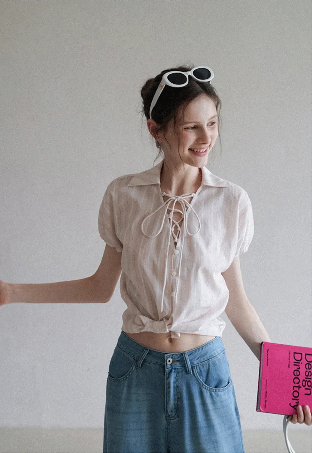 Striped Short Sleeve Blouse with Lace-Up Neck