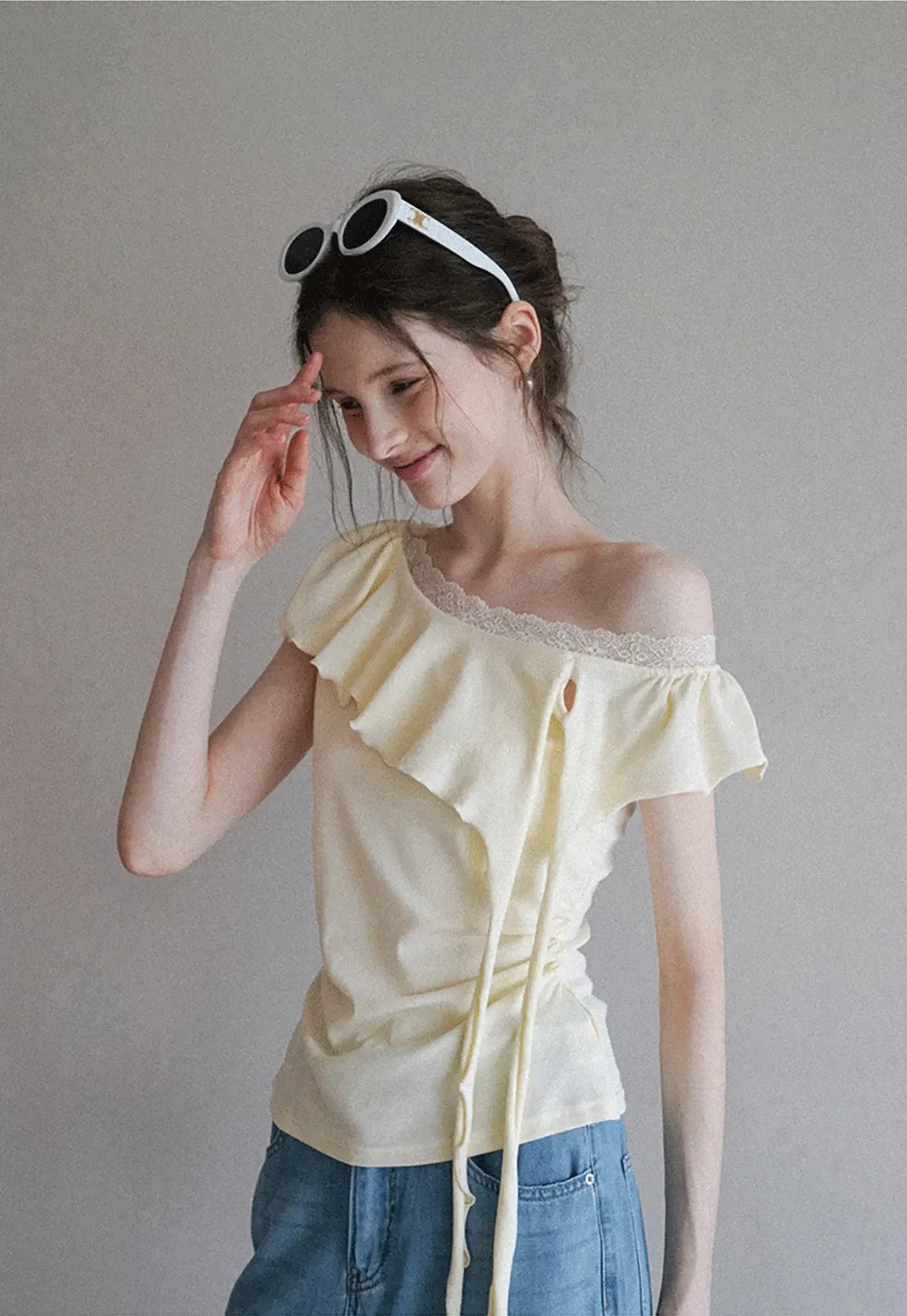 Chic Off Shoulder Ruffle Blouse with Lace Lining