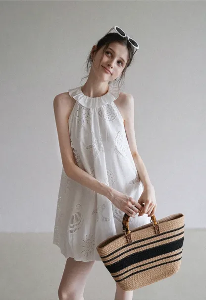 Women’s Sleeveless Eyelet Mini Dress with Ruffle Neck